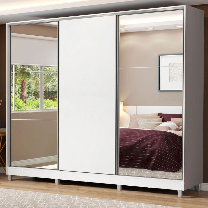 Guarda roupa casal 100% mdf madesa royale 3 portas de correr com espelho com p??s - branco