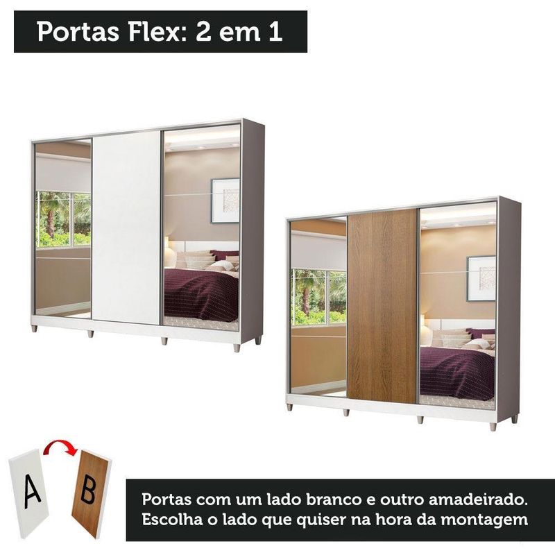 Guarda roupa casal 100% mdf madesa royale 3 portas de correr com espelho com p??s - branco