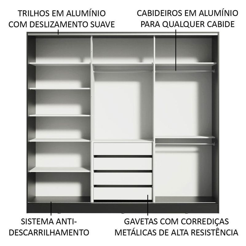 Guarda roupa casal 100% mdf madesa royale 3 portas de correr com espelho - preto