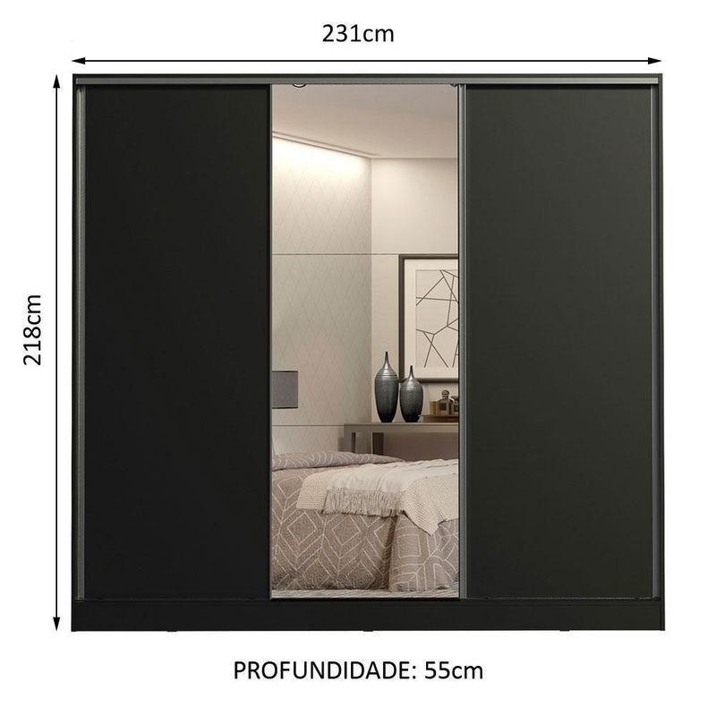 Guarda roupa casal 100% mdf madesa royale 3 portas de correr com espelho - preto