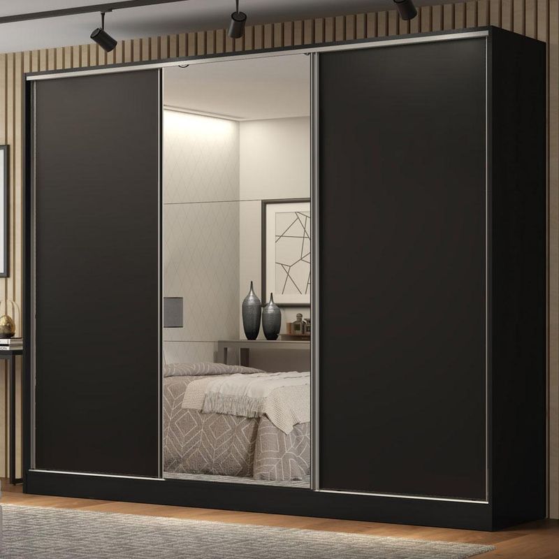 Guarda roupa casal 100% mdf madesa royale 3 portas de correr com espelho - preto