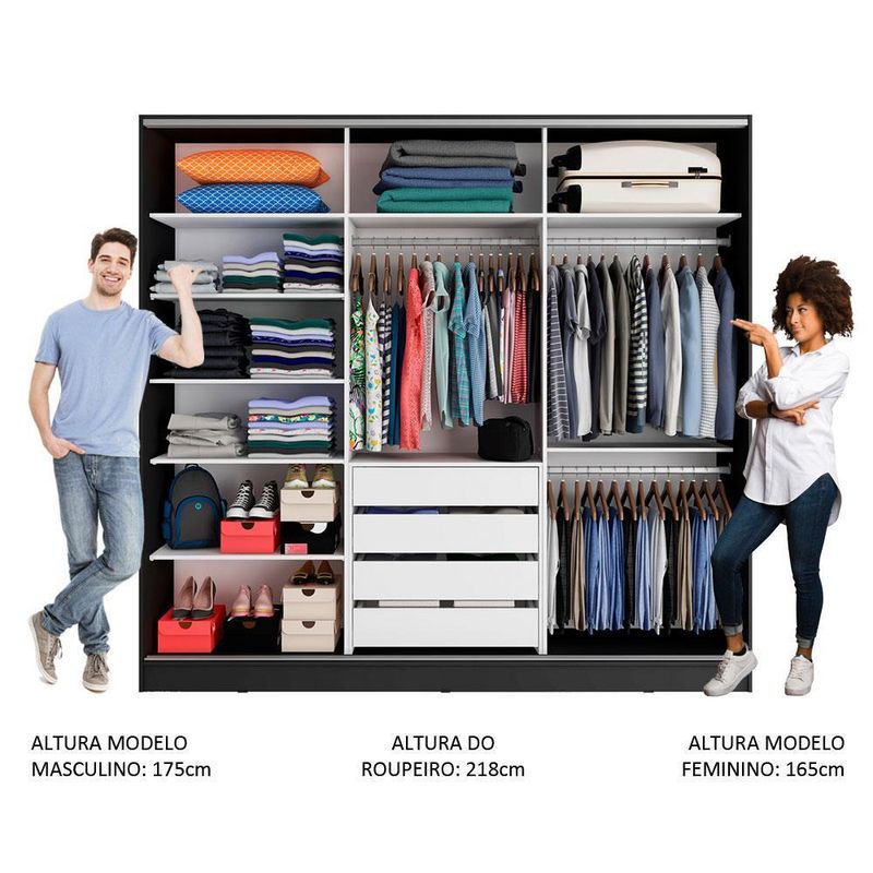 Guarda roupa casal 100% mdf madesa royale 3 portas de correr com espelho - preto