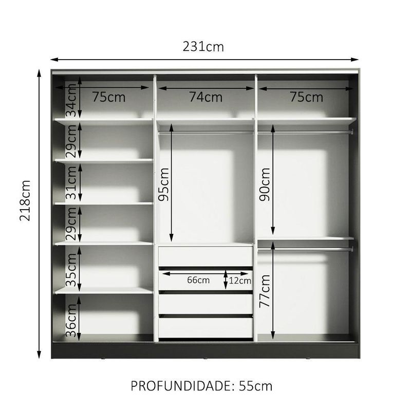 Guarda roupa casal 100% mdf madesa royale 3 portas de correr com espelho - preto