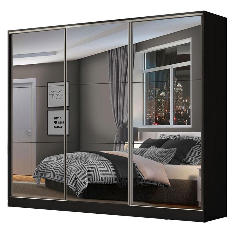 Guarda roupa casal 100% mdf madesa zurique 3 portas de correr de espelho - preto