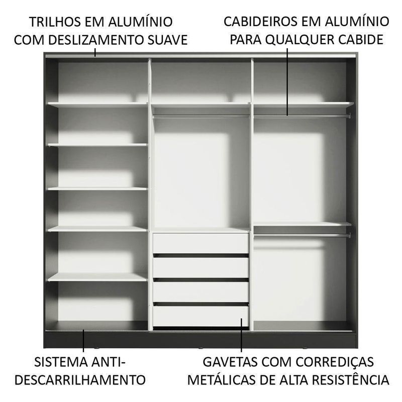 Guarda roupa casal 100% mdf madesa zurique 3 portas de correr de espelho - preto