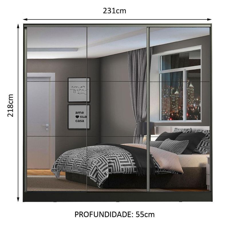 Guarda roupa casal 100% mdf madesa zurique 3 portas de correr de espelho - preto