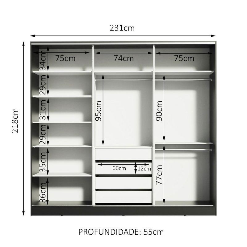 Guarda roupa casal 100% mdf madesa zurique 3 portas de correr de espelho - preto