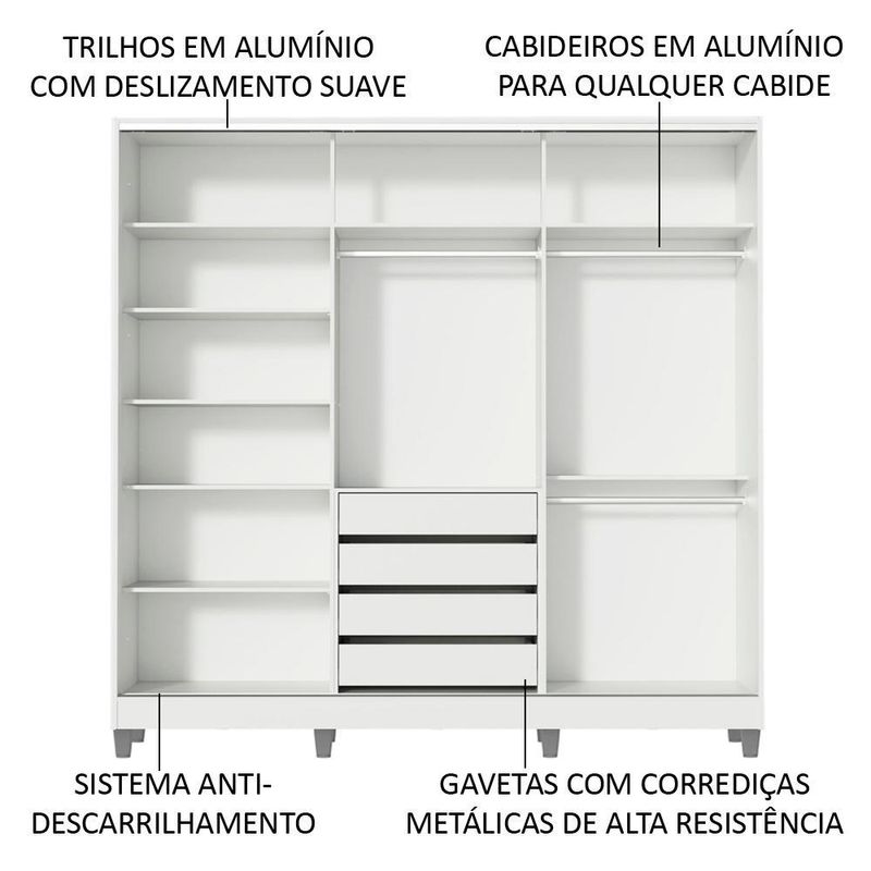 Guarda roupa casal 100% mdf madesa eros 3 portas de correr com espelho com p??s - branco