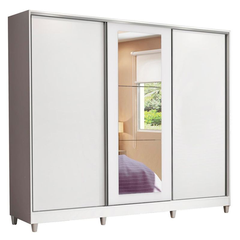 Guarda roupa casal 100% mdf madesa eros 3 portas de correr com espelho com p??s - branco
