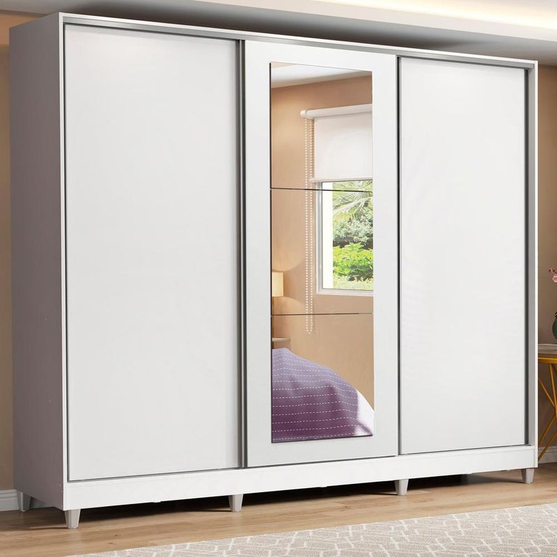 Guarda roupa casal 100% mdf madesa eros 3 portas de correr com espelho com p??s - branco