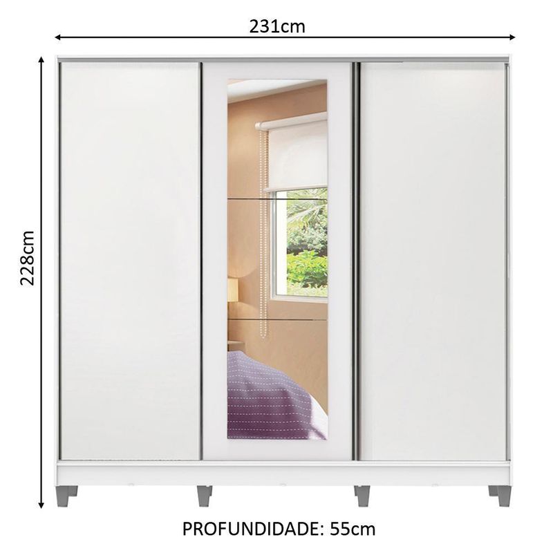 Guarda roupa casal 100% mdf madesa eros 3 portas de correr com espelho com p??s - branco