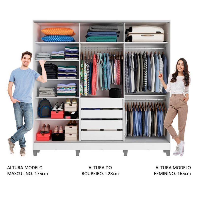 Guarda roupa casal 100% mdf madesa eros 3 portas de correr com espelho com p??s - branco