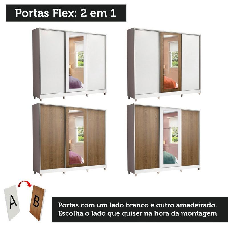 Guarda roupa casal 100% mdf madesa eros 3 portas de correr com espelho com p??s - branco