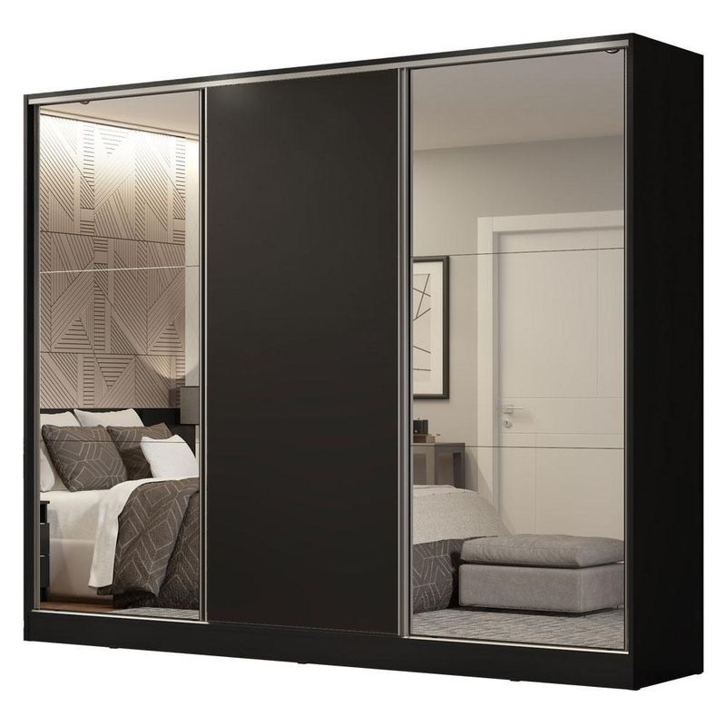 Guarda roupa casal 100% mdf madesa royale 3 portas de correr com espelhos - preto