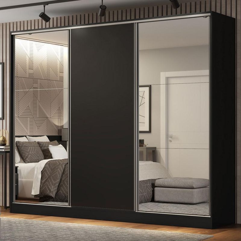 Guarda roupa casal 100% mdf madesa royale 3 portas de correr com espelhos - preto