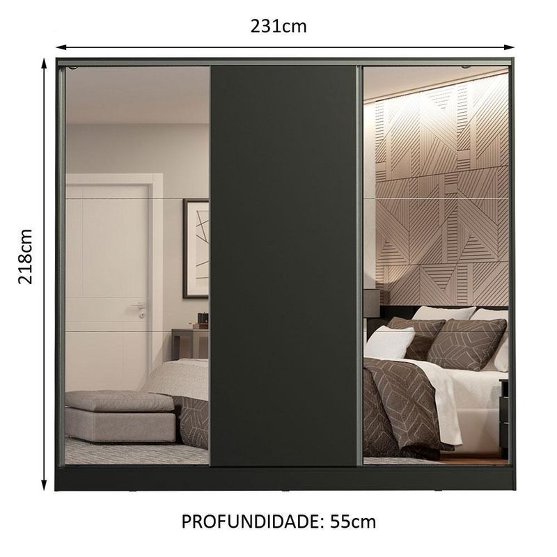 Guarda roupa casal 100% mdf madesa royale 3 portas de correr com espelhos - preto