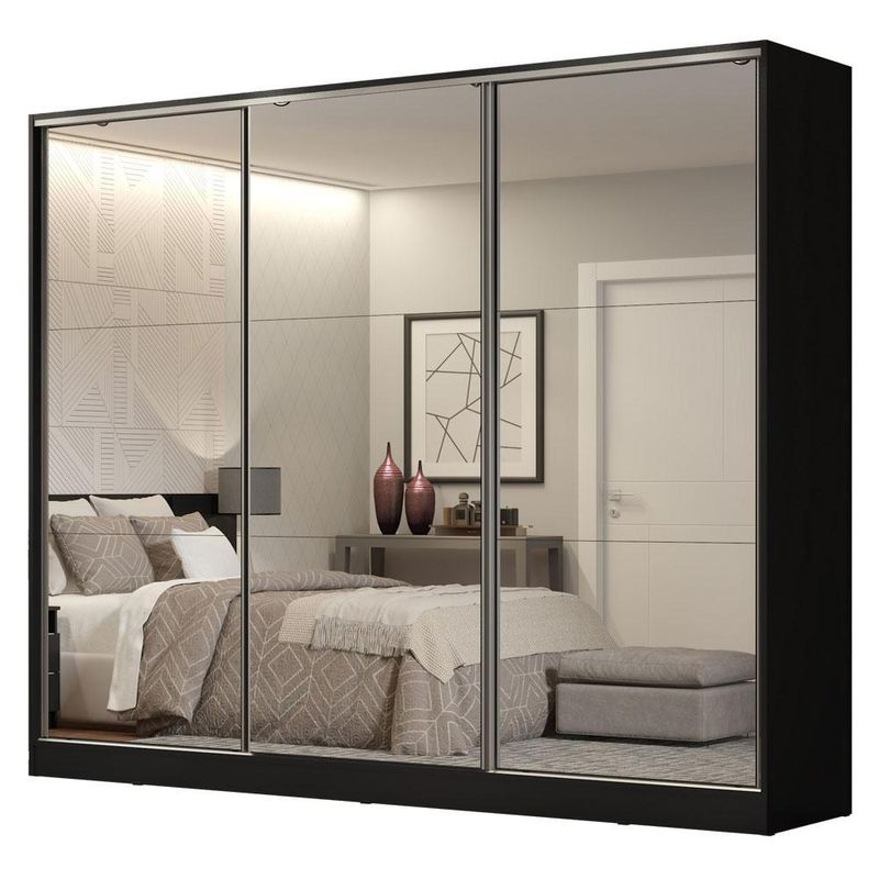 Guarda roupa casal 100% mdf madesa royale 3 portas de correr de espelho - preto
