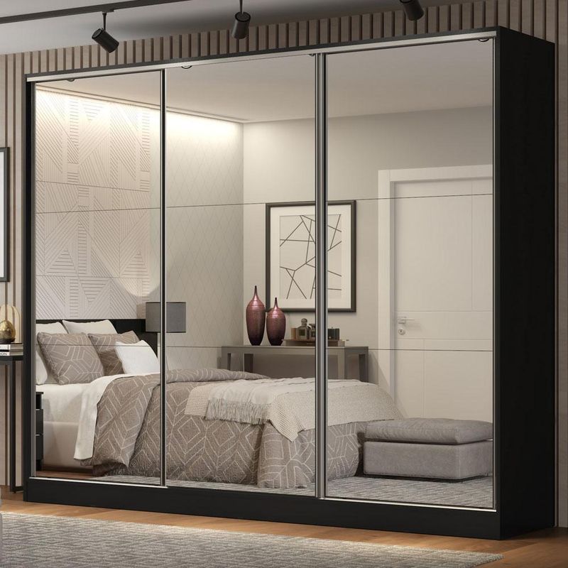 Guarda roupa casal 100% mdf madesa royale 3 portas de correr de espelho - preto