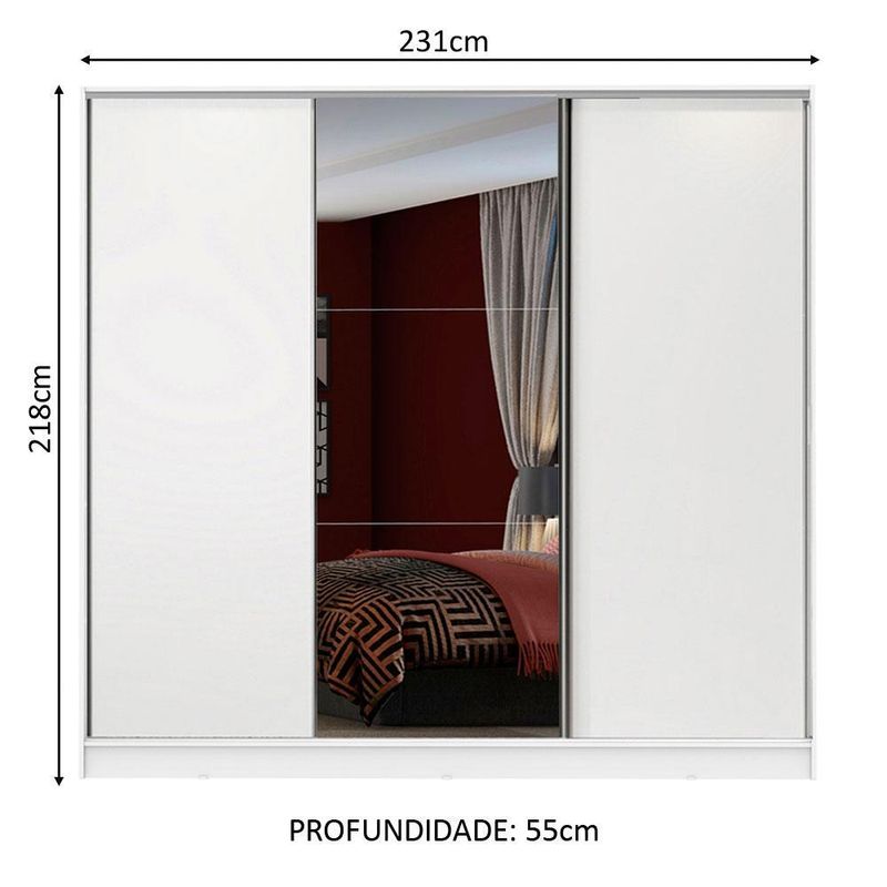 Guarda roupa casal 100% mdf madesa zurique 3 portas de correr com espelho - branco