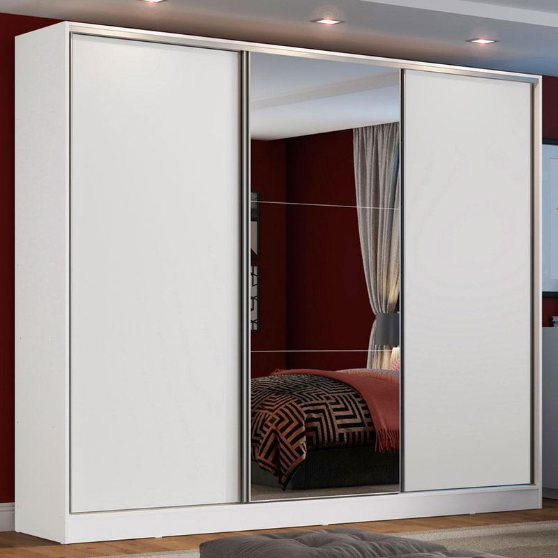 Guarda roupa casal 100% mdf madesa zurique 3 portas de correr com espelho - branco
