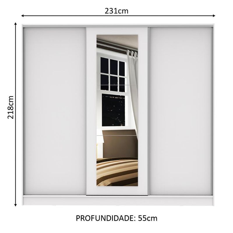 Guarda roupa casal 100% mdf madesa eros 3 portas de correr com espelho - branco