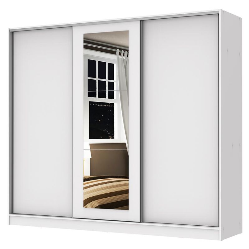 Guarda roupa casal 100% mdf madesa eros 3 portas de correr com espelho - branco