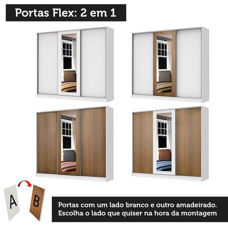 Guarda roupa casal 100% mdf madesa eros 3 portas de correr com espelho - branco