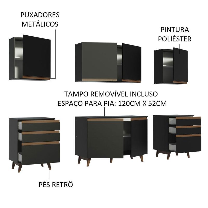 Cozinha completa madesa reims 240002 com arm??rio e balc??o - preto