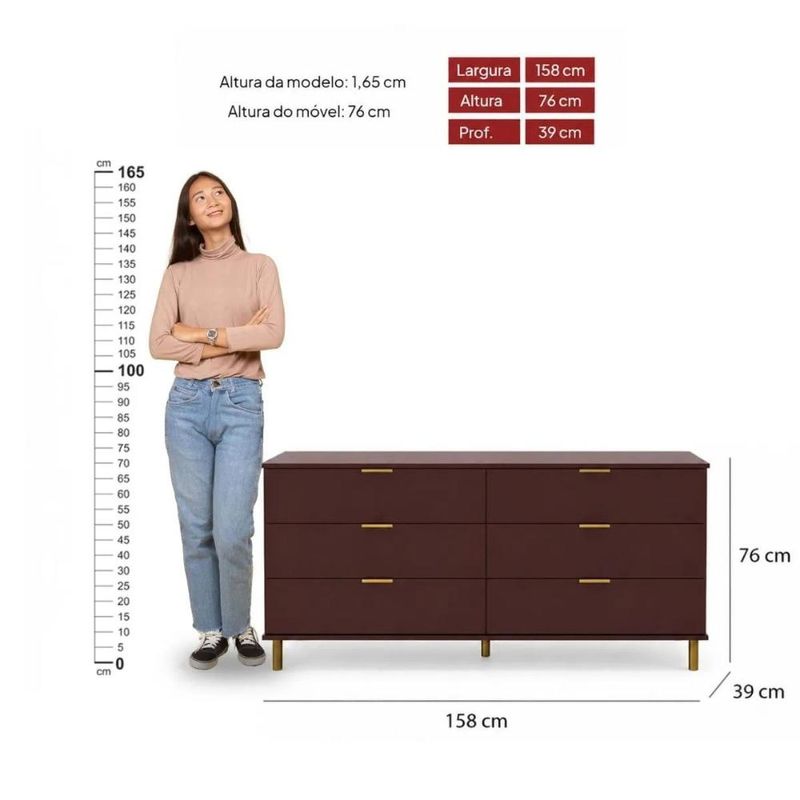 Cômoda 6 Gavetas em MDF Vinho 158x40x76cm Ditália