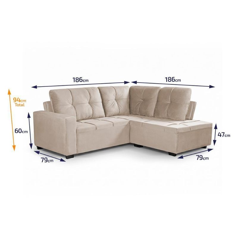 Sofá de Canto Ibarra 4 Lugares com Chaise 186CM Bege King House
