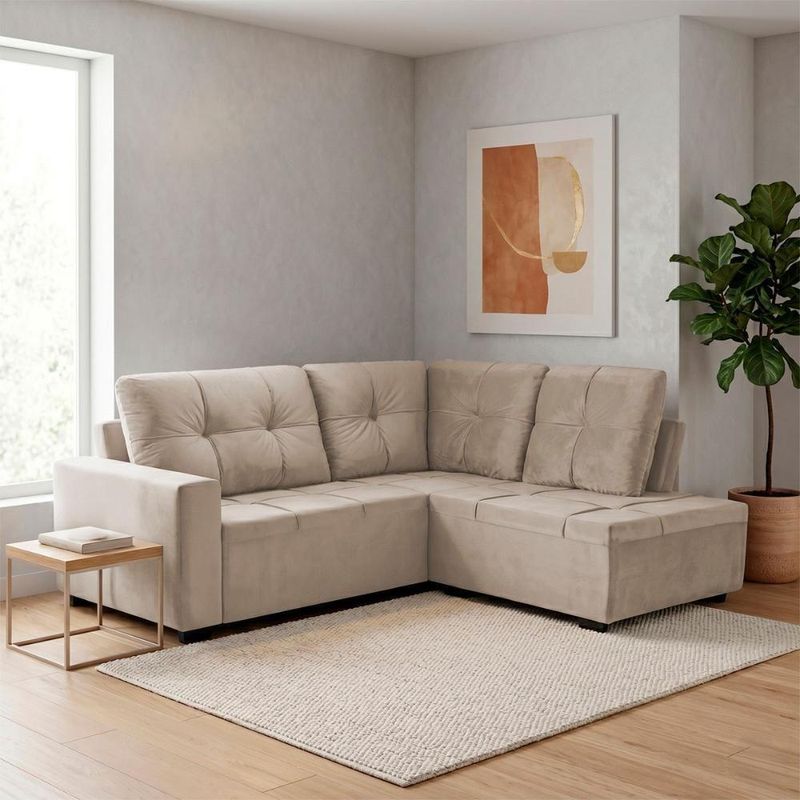 Sofá de Canto Ibarra 4 Lugares com Chaise 186CM Bege King House