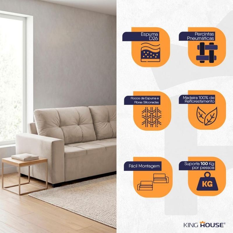 Sofá de Canto Ibarra 4 Lugares com Chaise 186CM Bege King House