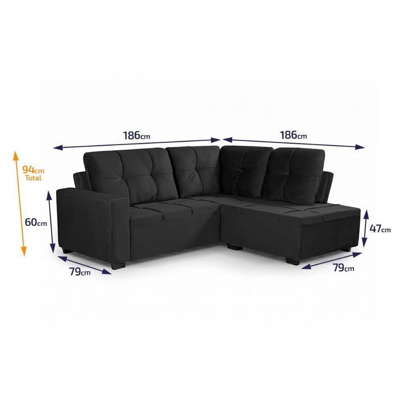 Sofá de Canto Ibarra 4 Lugares 186CM Preto Suede King House