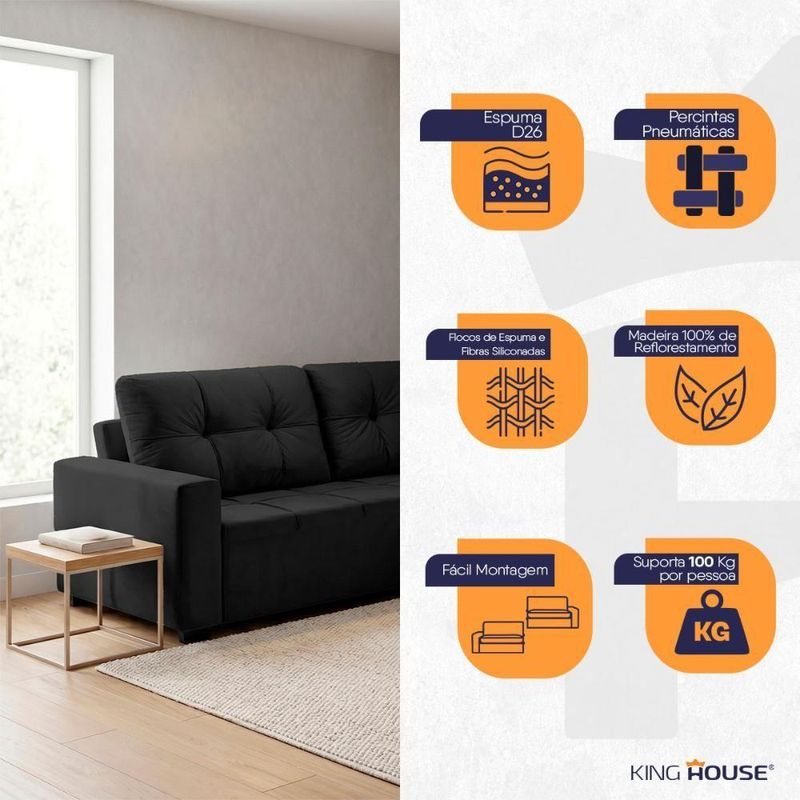 Sofá de Canto Ibarra 4 Lugares 186CM Preto Suede King House