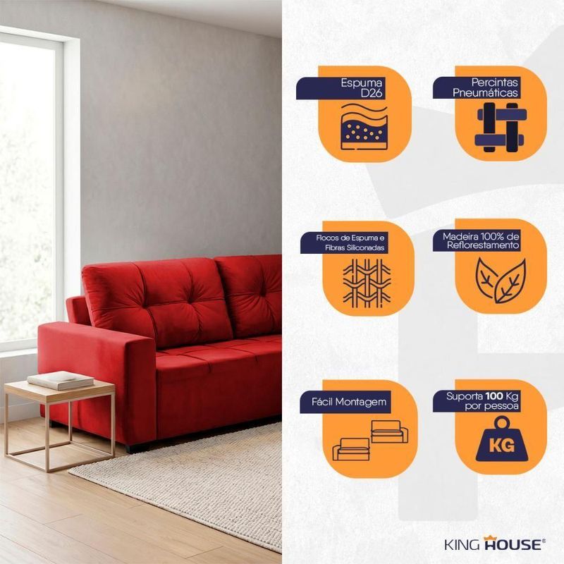 Sofá de Canto com Chaise Ibarra 4 Lugares Vermelho Suede King House