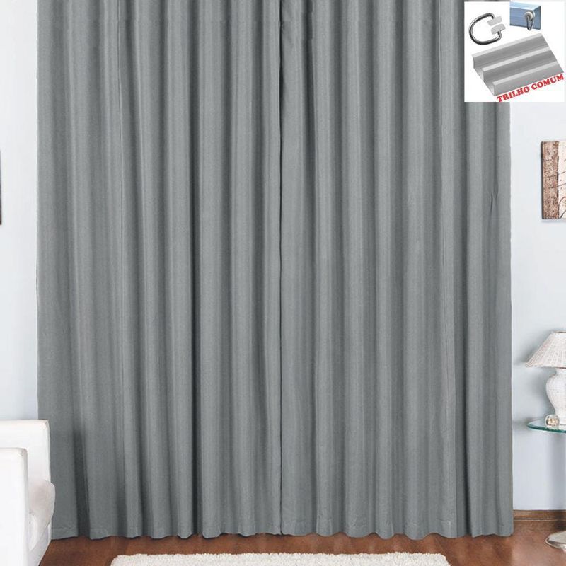 Cortina pryme 2 metros sala quarto em oxford para trilho comum cinza - 100% poliéster