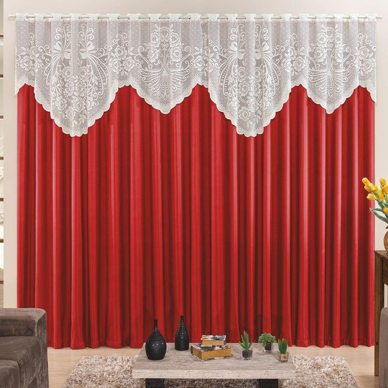 Cortina 4,00m x 2,50m momento sala quarto renda com microfibra p varão vermelha - 100% poliéster