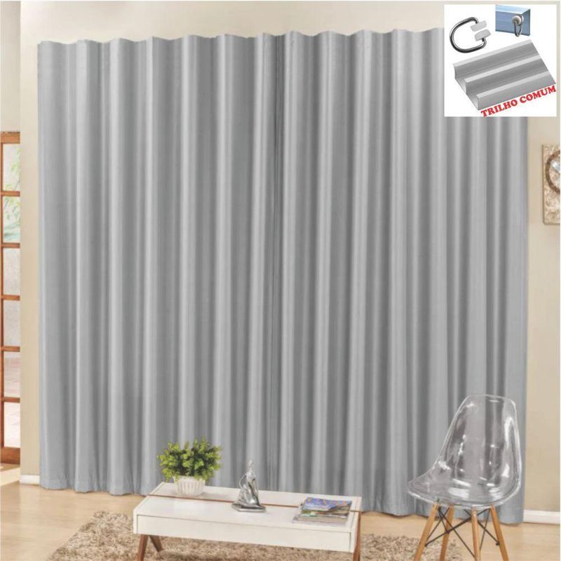 Cortina 3 mts sala quarto escritório blackout para trilho comum - cinza - 100% poliéster