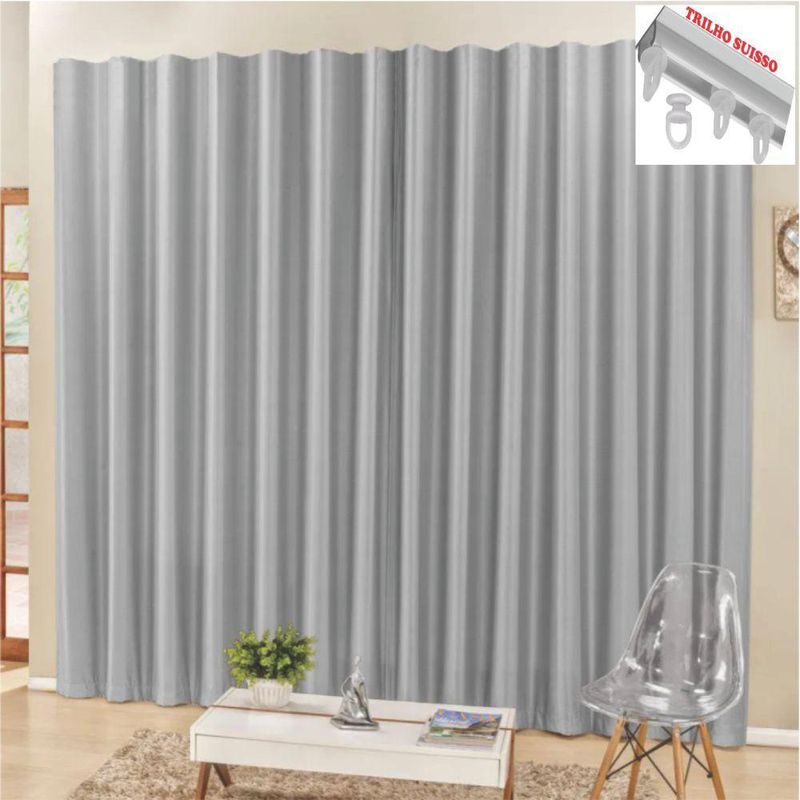Cortina 3 mts sala quarto escritório blackout para trilho suisso - cinza - 100% poliéster