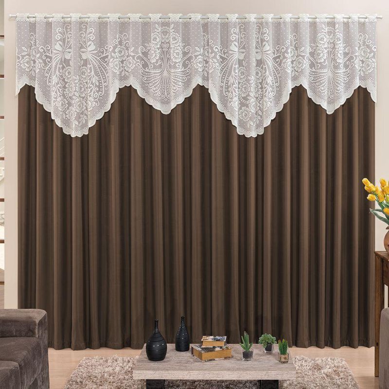 Cortina 2,00m x 1,70m do momento sala quarto renda com microfibra p varão tabaco - 100% poliéster