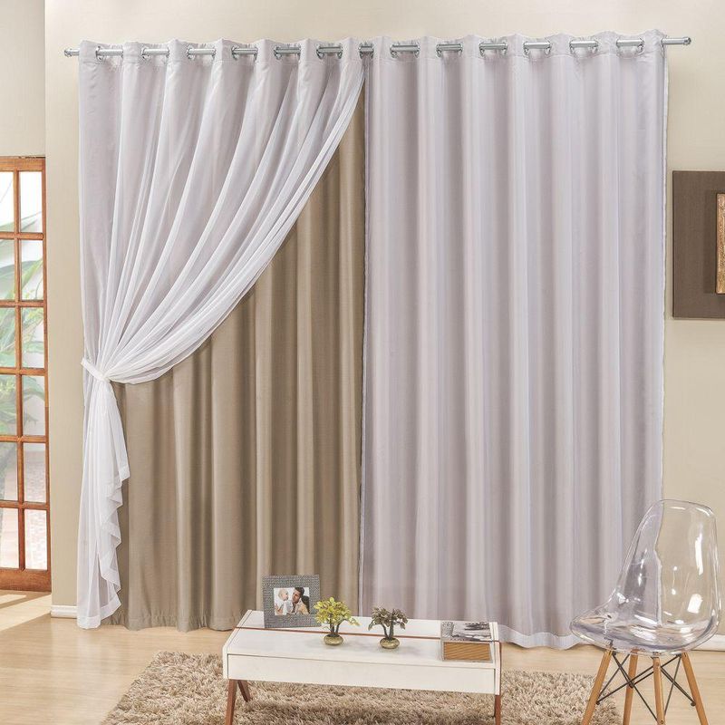 Cortina 2 mts sala quarto voal e semiblackout para trilho suisso bege - 100% poliéster