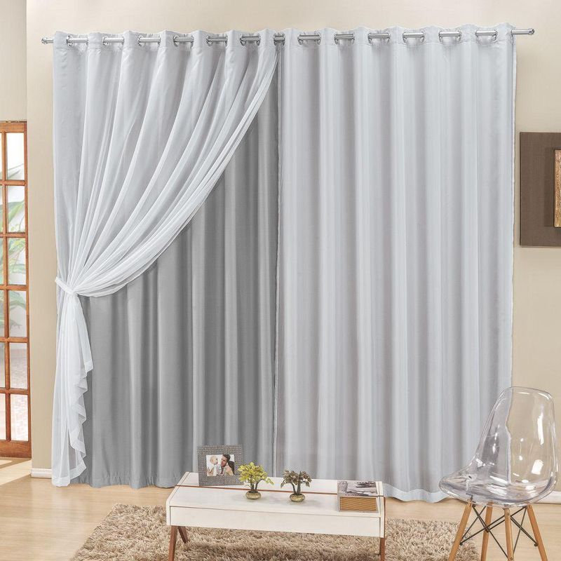 Cortina 2 mts sala quarto voal e semiblackout para trilho comum cinza - 100% poliéster