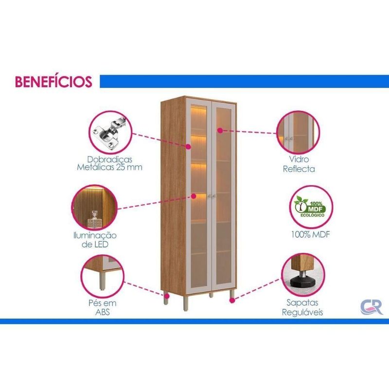 Cristaleira Esplêndida Led Reflecta 2 Portas 6 Prateleiras MDF com LED Cinamomo MGM