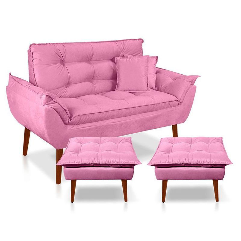 Kit Poltrona Decorativa Namoradeira 2 Puffs Opala E 2 Almofadas Suede - Lm Decor Rose