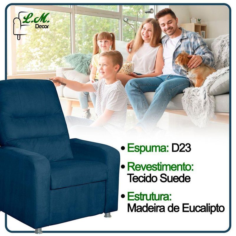 Poltrona Decorativa Do Papai Reclinável Confortável Suede Azul Marinho - Lm Decor