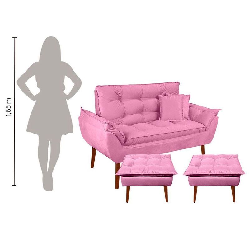 Kit Poltrona Decorativa Namoradeira 2 Puffs Opala E 2 Almofadas Suede - Lm Decor Rose