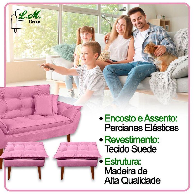 Kit Poltrona Decorativa Namoradeira 2 Puffs Opala E 2 Almofadas Suede - Lm Decor Rose