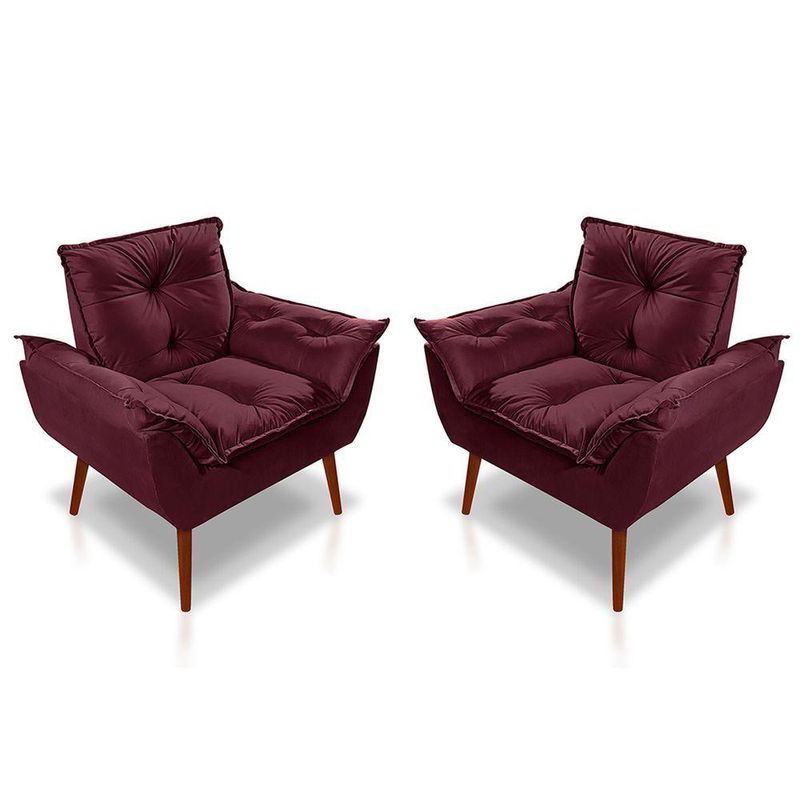 Kit 2 Poltronas Opala Decorativa P- Sala, Quarto E Recepção Suede - Lm Decor Vermelho Bordô