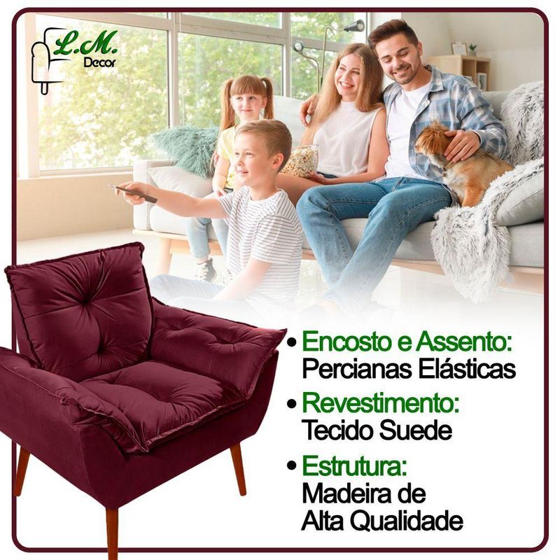 Kit 2 Poltronas Opala Decorativa P- Sala, Quarto E Recepção Suede - Lm Decor Vermelho Bordô