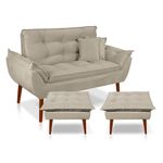 Kit Poltrona Decorativa Namoradeira 2 Puffs Opala E 2 Almofadas Suede - Lm Decor Bege